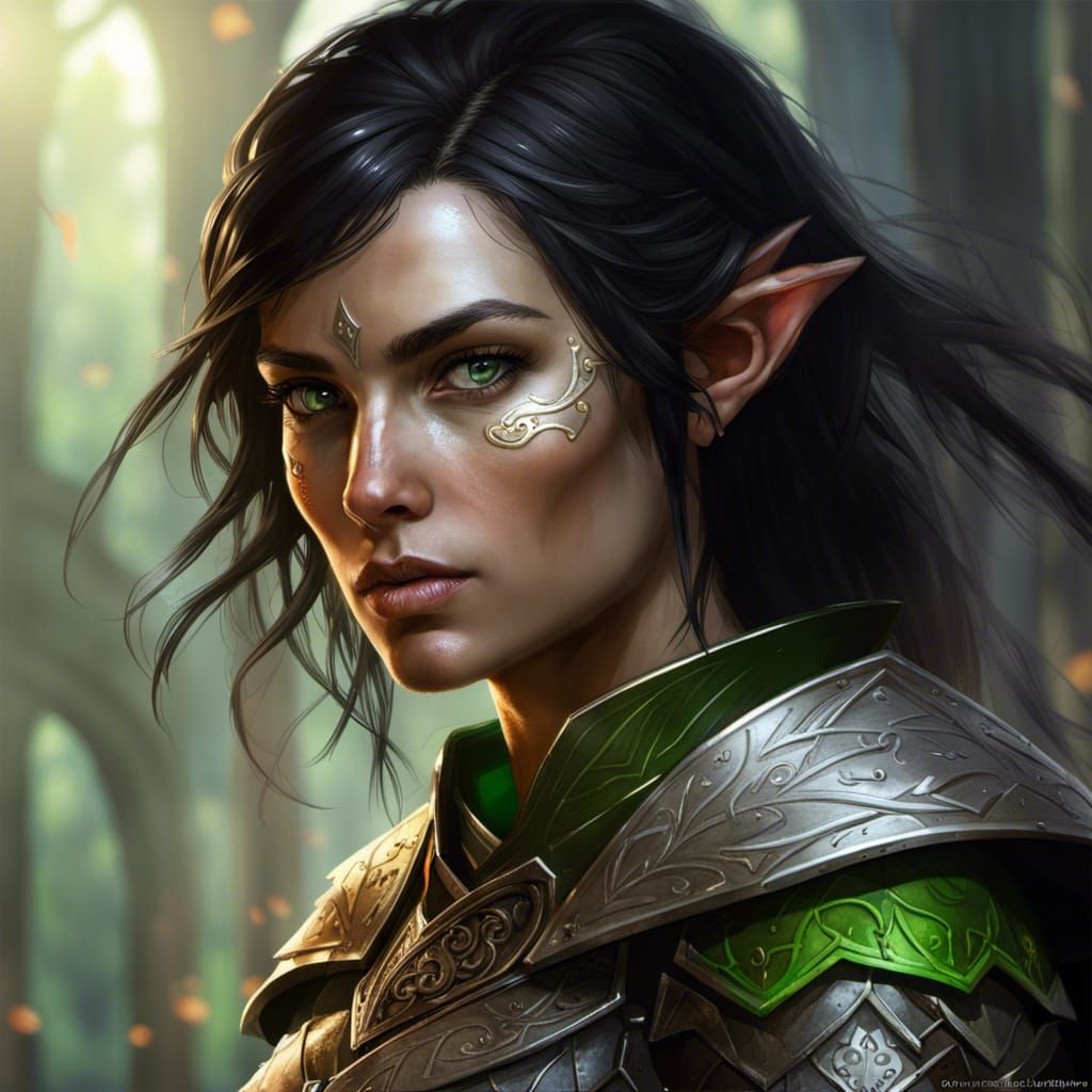 A female half-elf, paladin, light skin whit a scar under the right eye ...