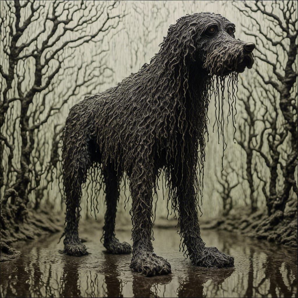 A big hairy dog in the rain
