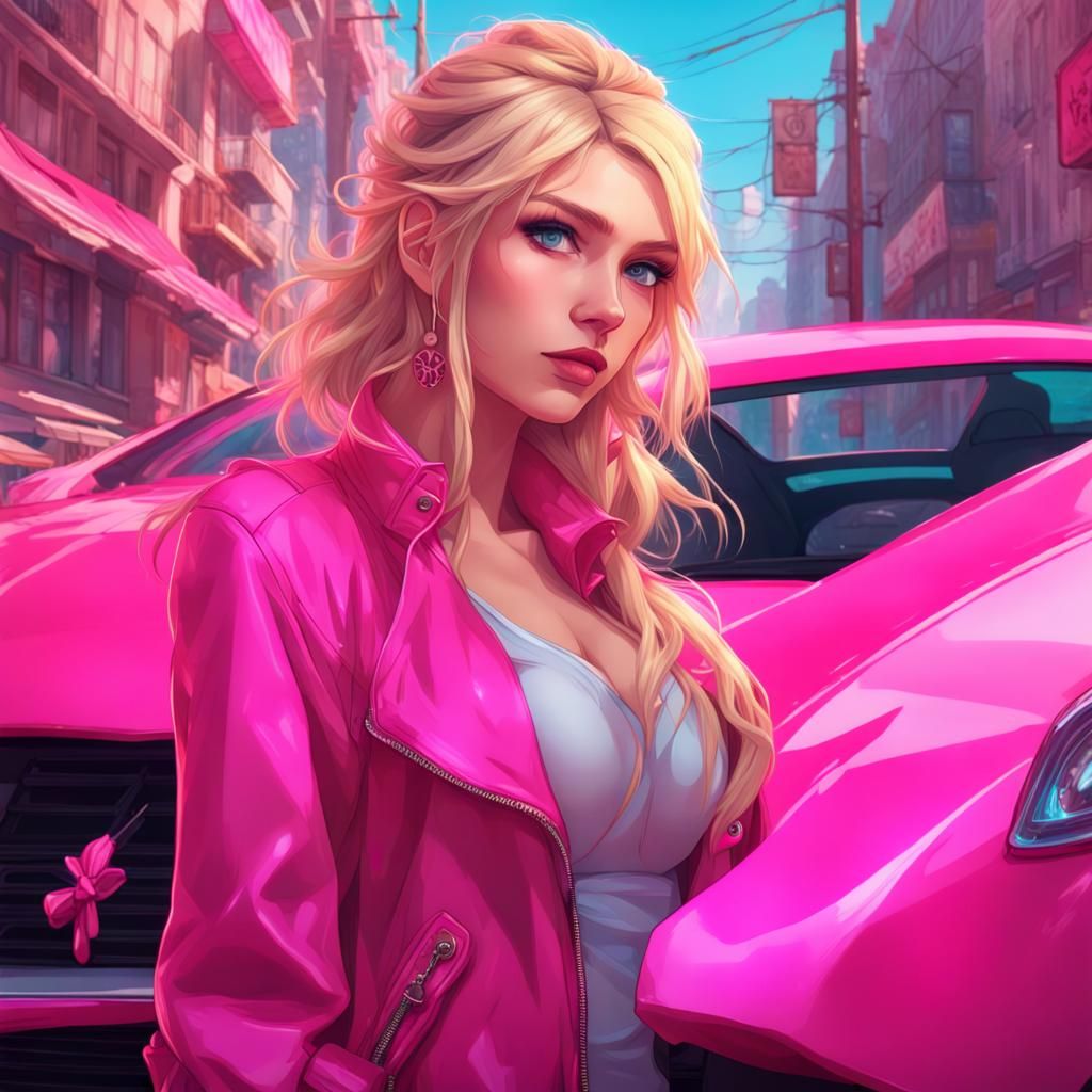 a hot anime girl with blonde hair, blue eyes, hot pink juicy couture, and a  playboy bag standing in front of a hot pink car head and shoulde... - AI  Generated Artwork -