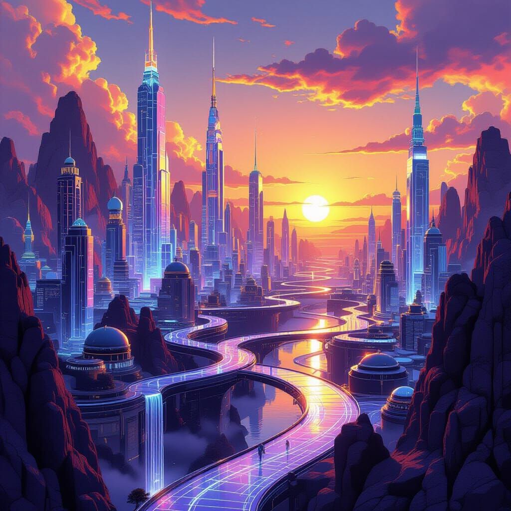 Vibrant Crystal City at Perpetual Sunset