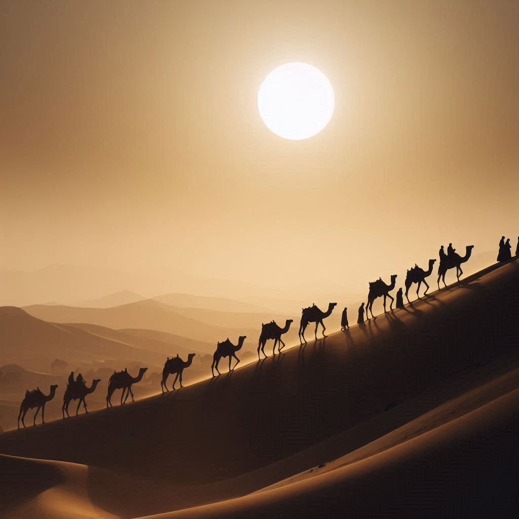 A caravan of camels in the desert, silhouetted against a haz...
