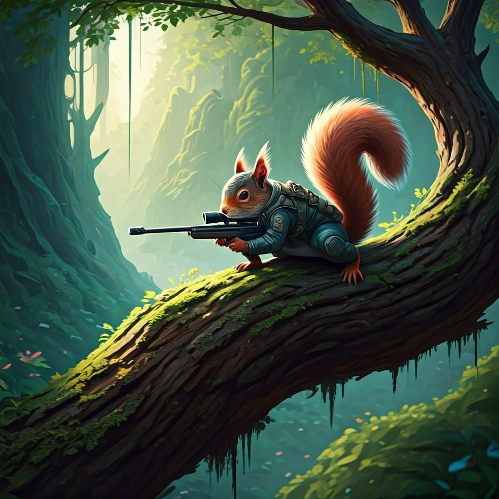 Military Squirrel Sniper in High-Fantasy Splatter-Brush Styl...