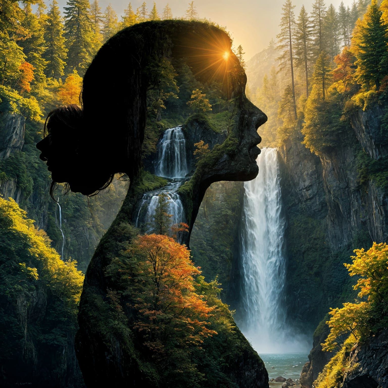 Double Exposure Art A surreal double-exposure portrait of a woman in profile, seamlessly blending her ...  by @Lennis