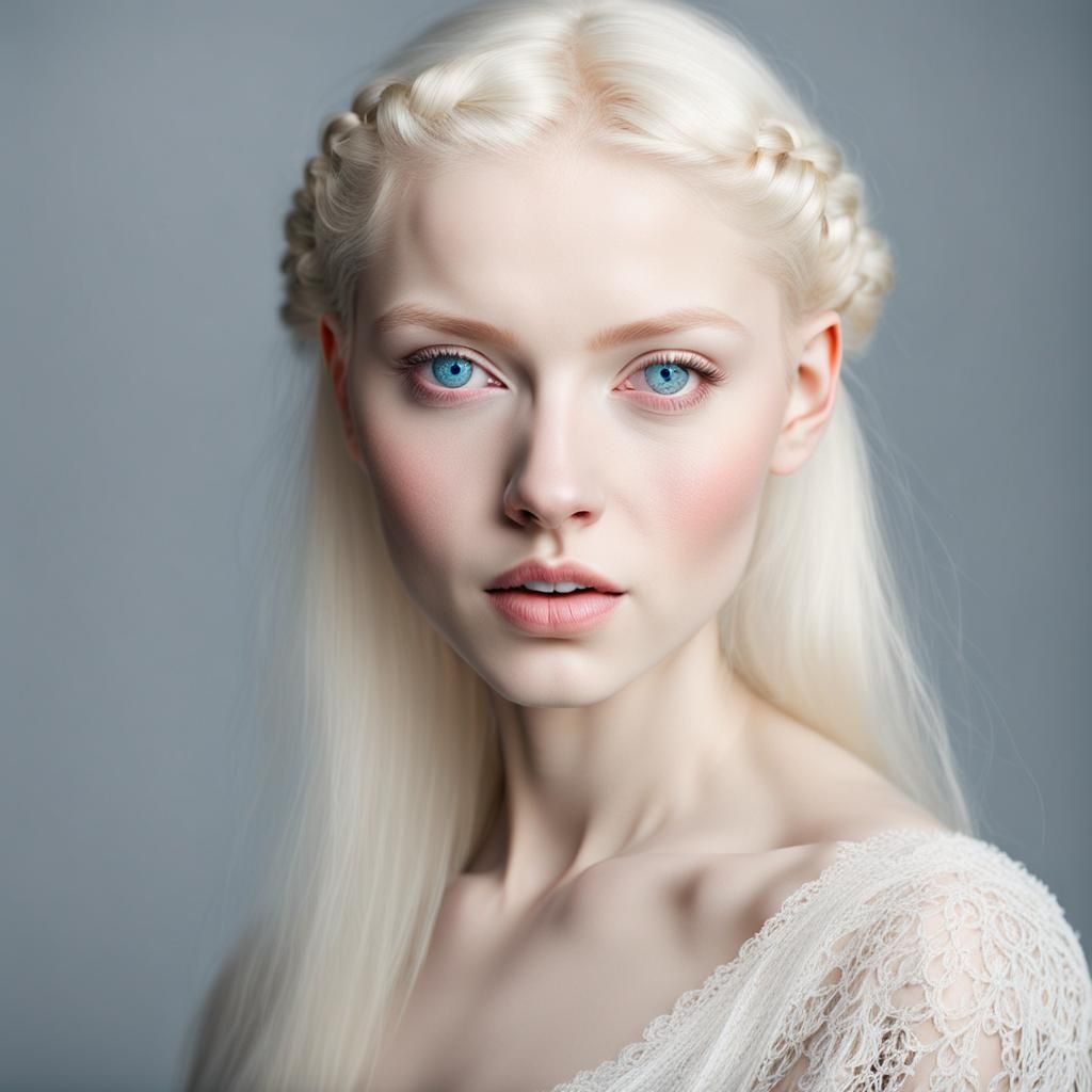 Young albino Slavic woman with blue eyes, blushing AI Generated
