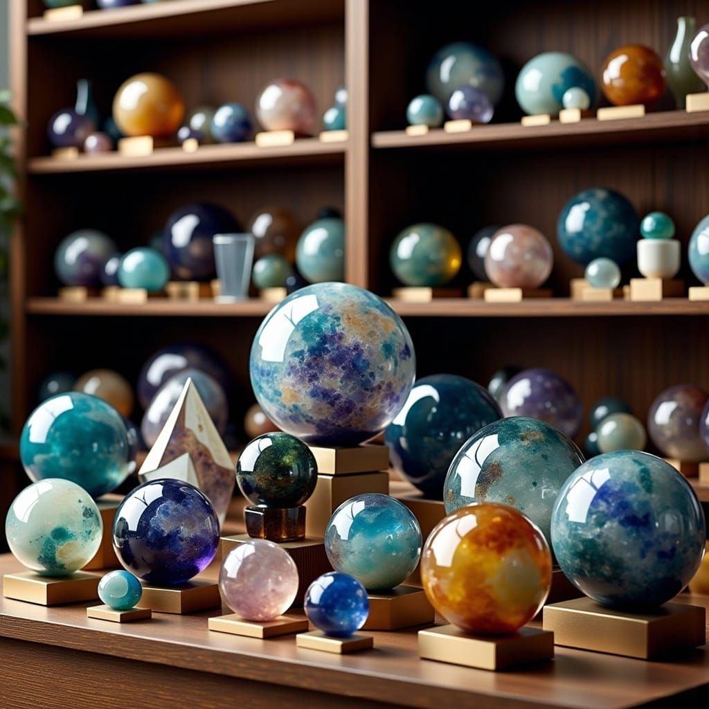 A display shelf full of various gemstone orbs <lora:Smooth Statues:1.0> 