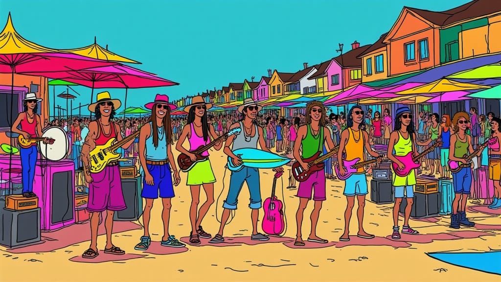 <lora:PXSketchFlux:1.0> MTV cartoon of a surf band playing on a north sea beach promenade