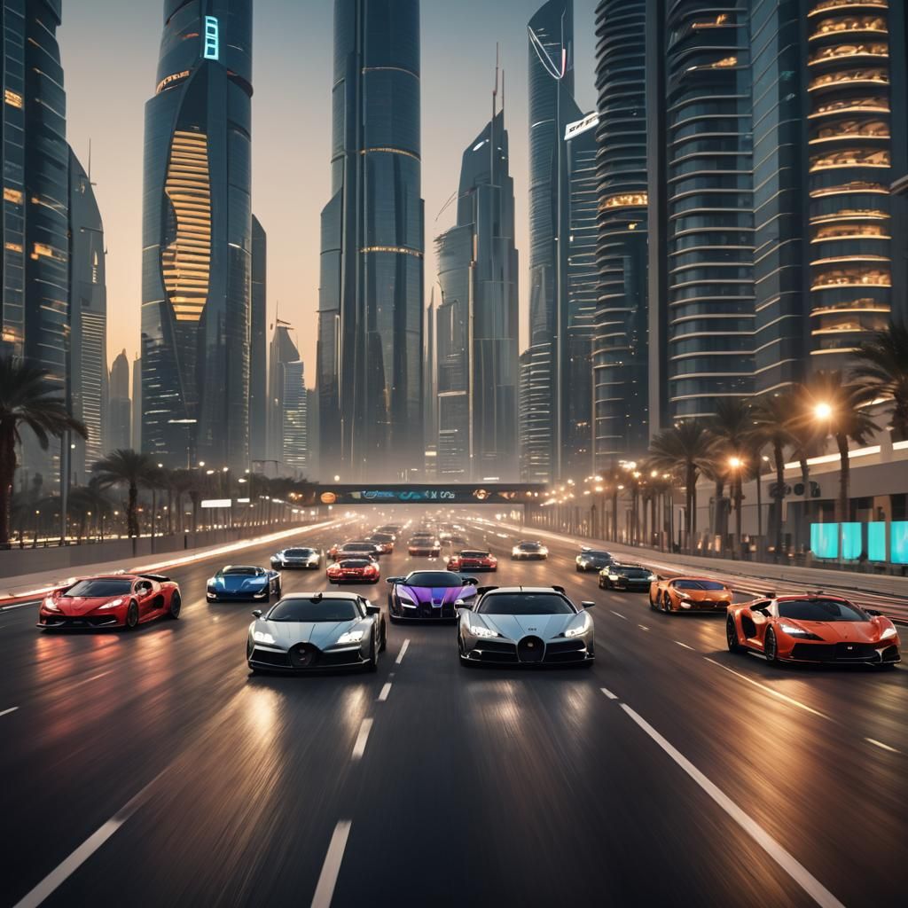 Luxury Cars Race in Futuristic Dubai: Cinematic Still