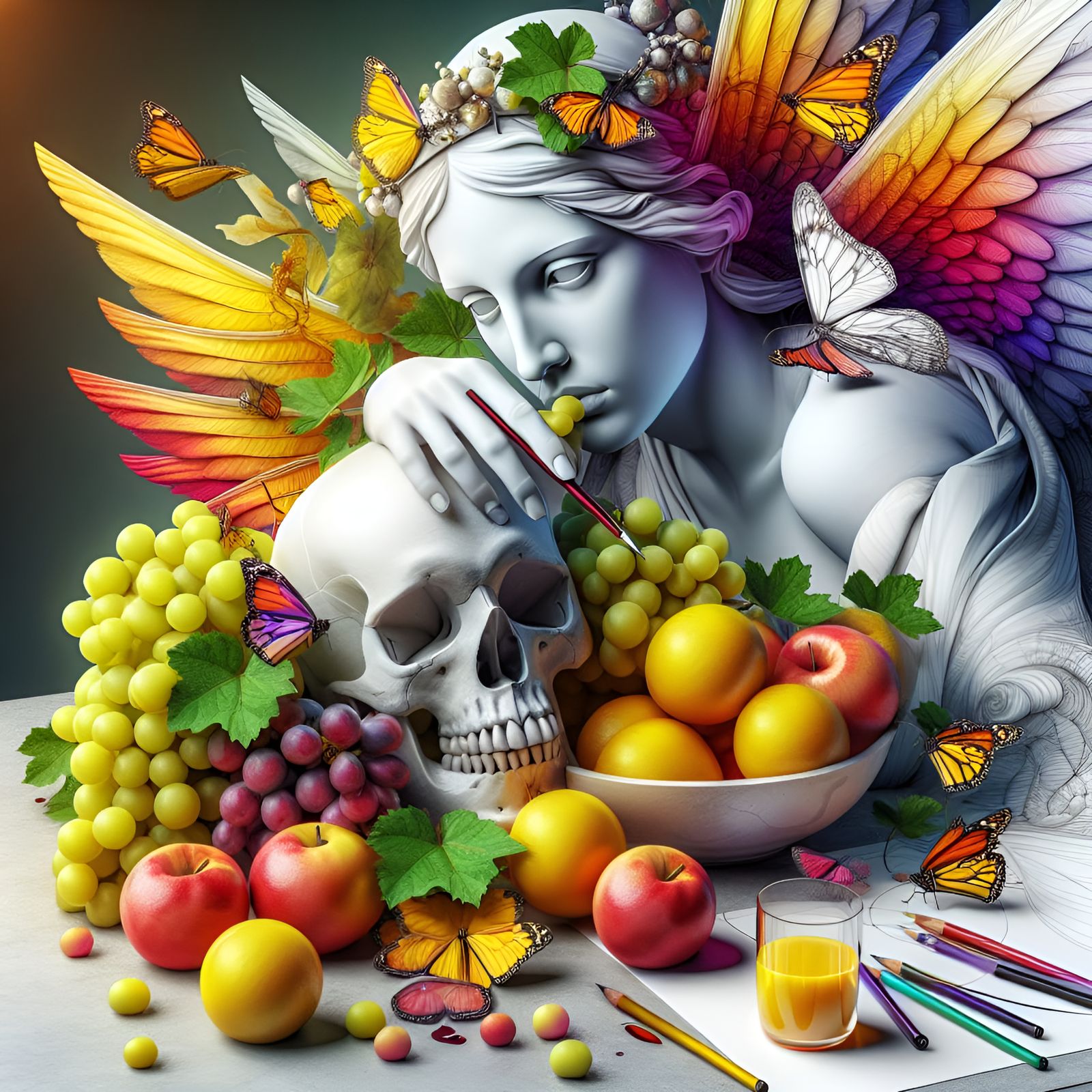 I see a white angel, aa skull, yellow and red fruits on a ta...