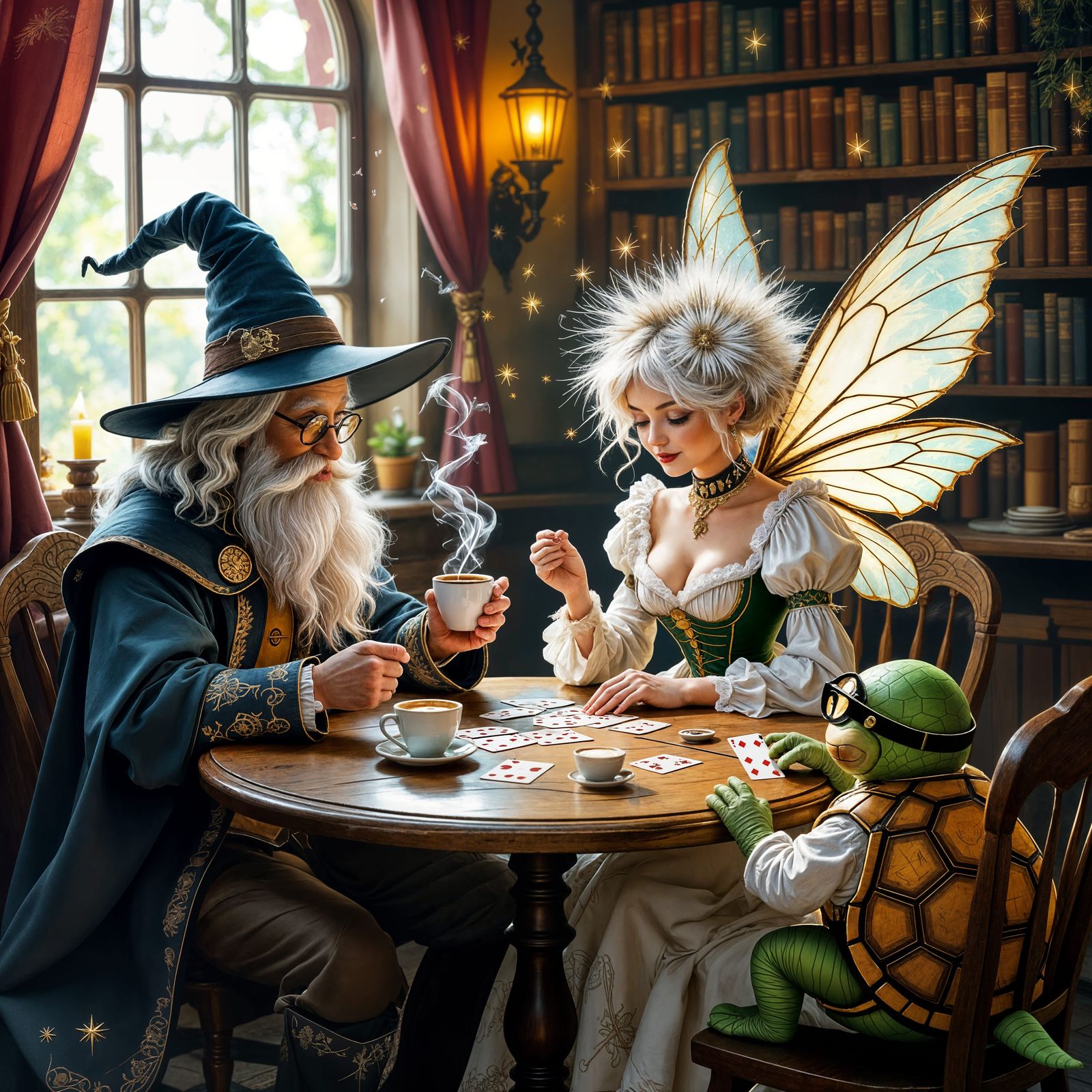 It's not easy to beat a wizard at cards. Coffee helps.  by @Raeyin