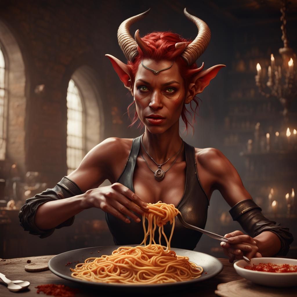 Female tiefling serves spaghetti