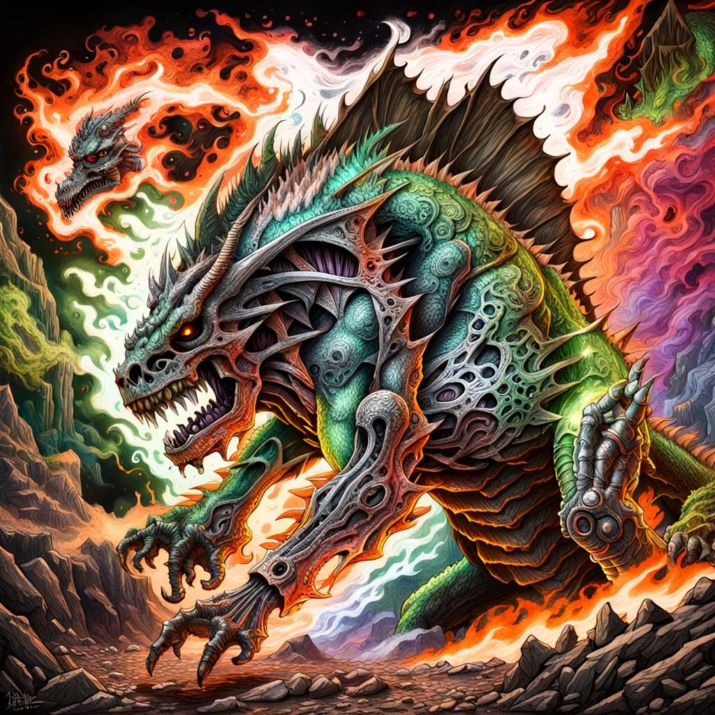Gigantic dusty skeletal savage dragon beast, final boss, old...