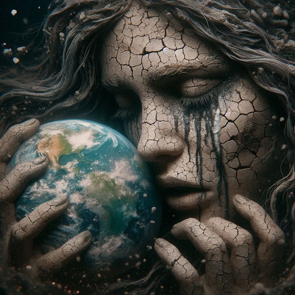 Goddess Gaia crying over a fate of the Earth