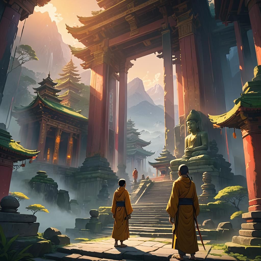 Serene Anime Temple Scene with Subhuti and Tathagata