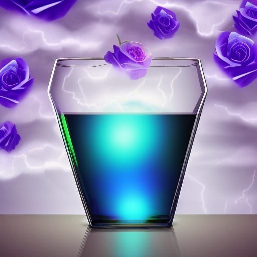 blue rose in a glass near the window with a storm in sky