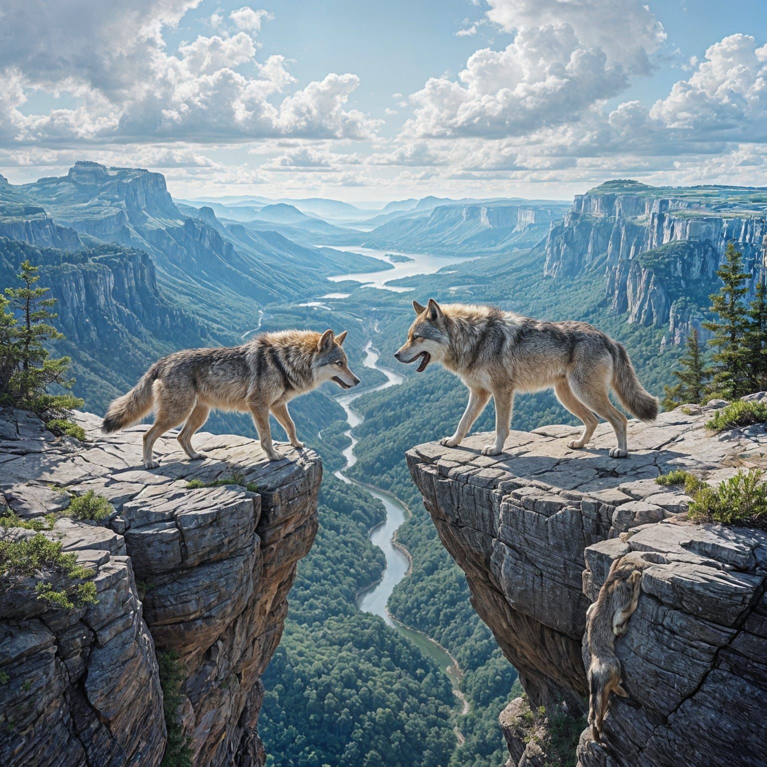 Wolves Clash on Cliff in Oil Painting Style