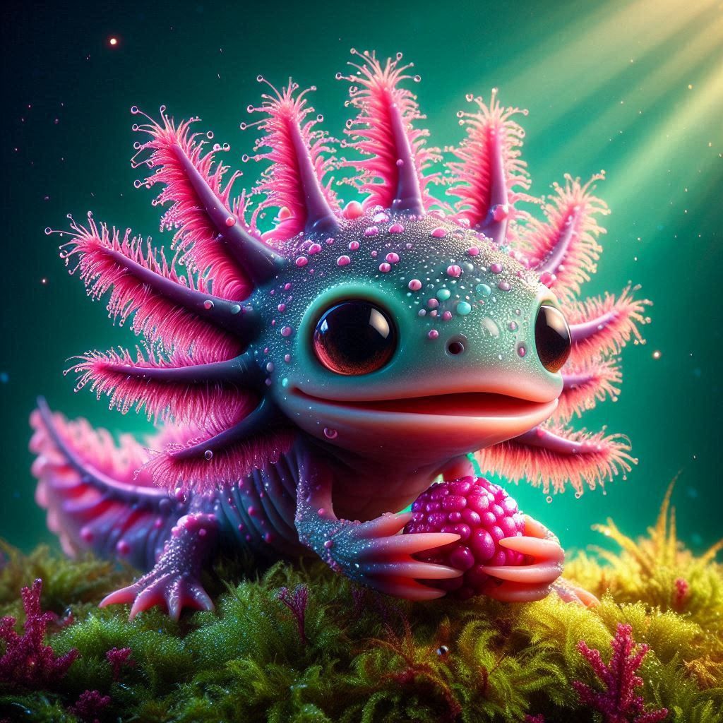 Murex axolotl-tortoise creature with big expressive eyes holds a berry. Its shell is made of many complex spines like antlers-branches filam...