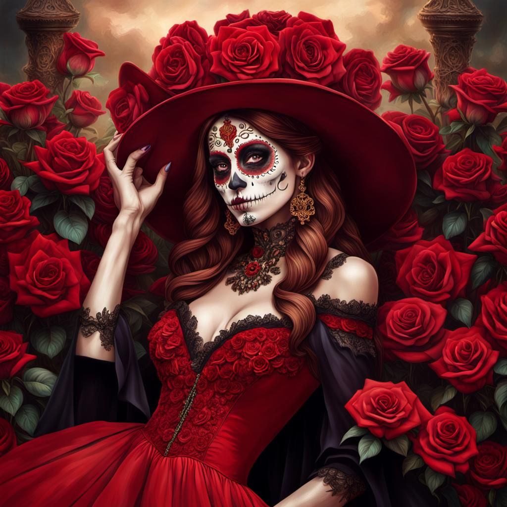 All red roses background. A young woman in a long ree dress,...