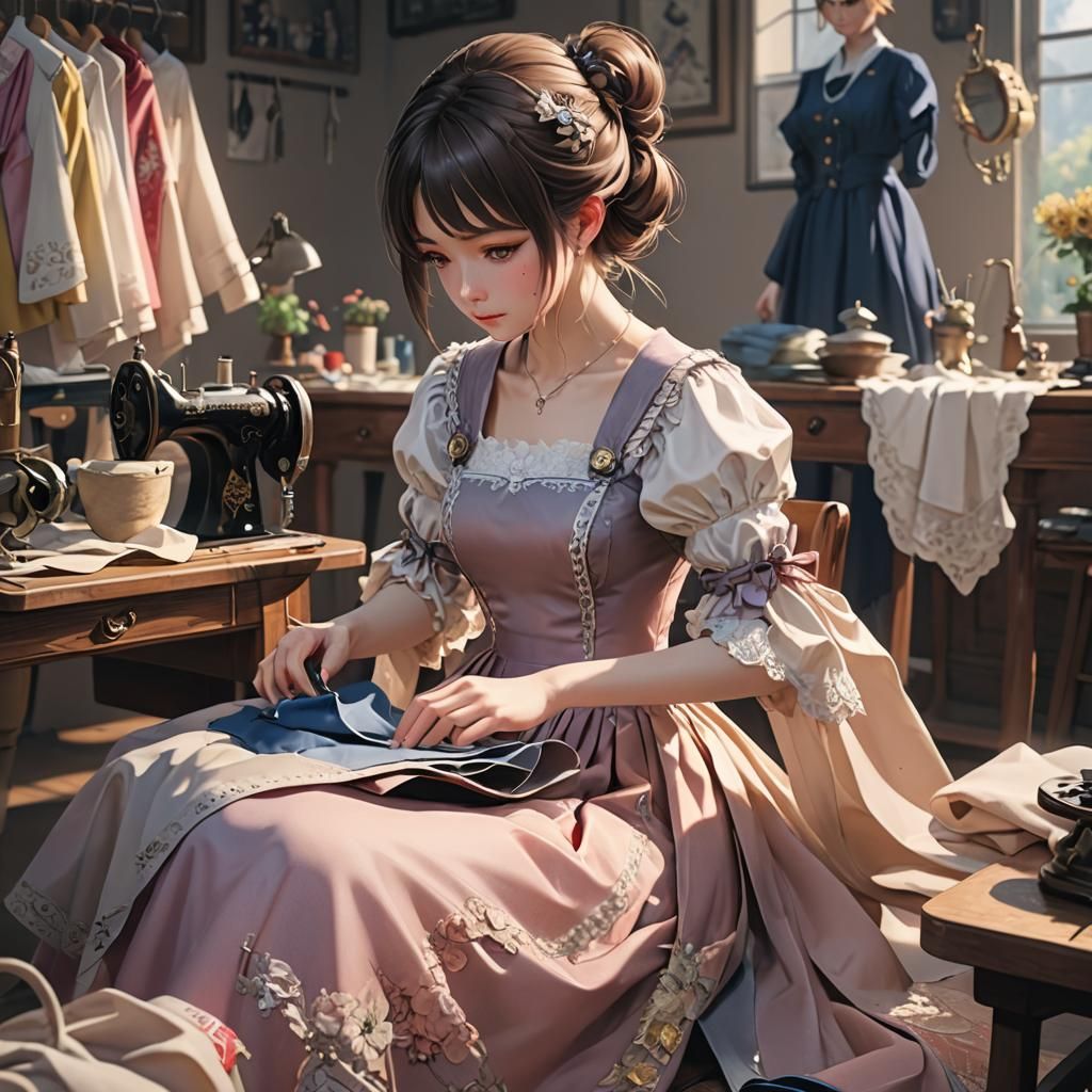 a girl sewing dresses