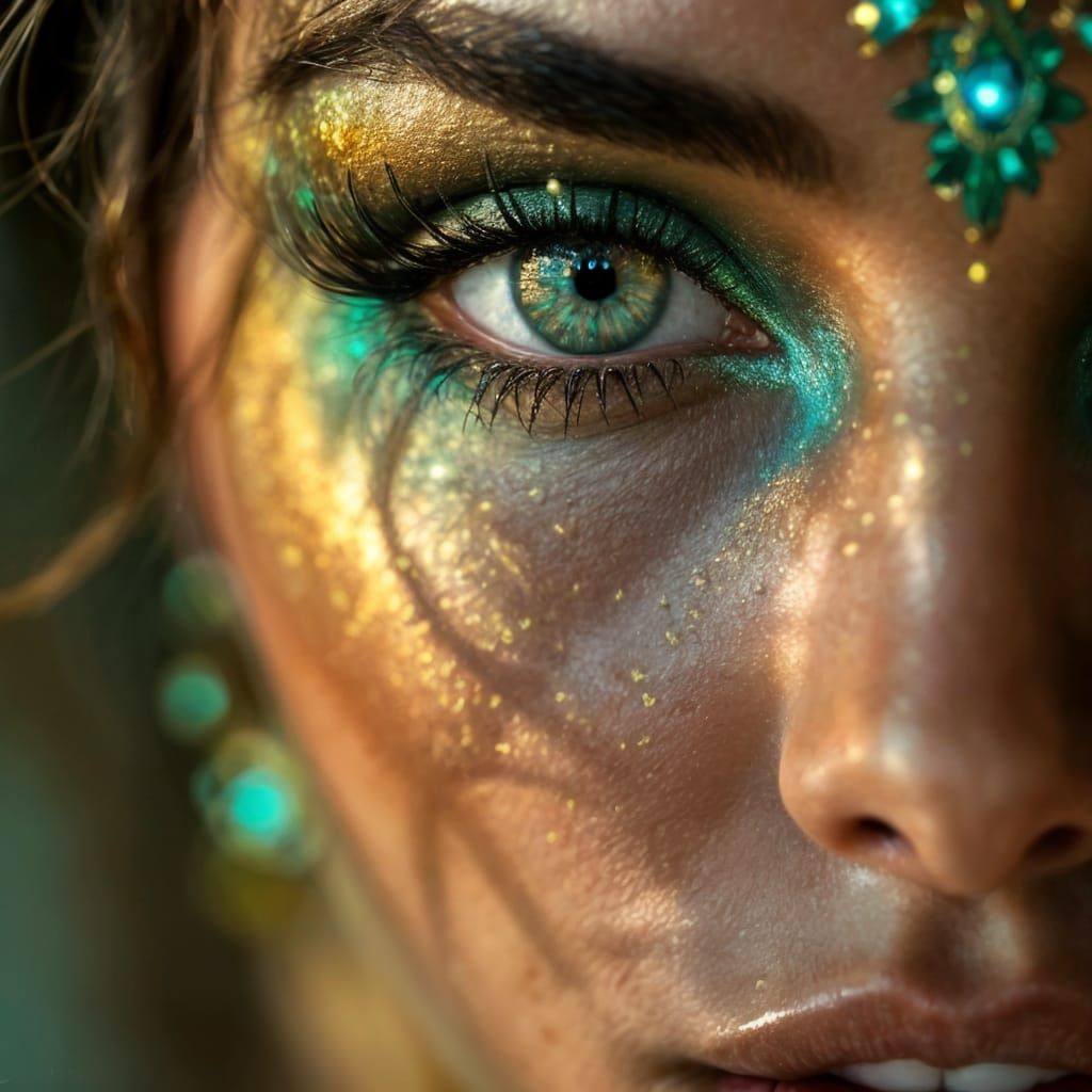 Uhd 64MP ultra-realistic portrait of a model Gold and emeral...