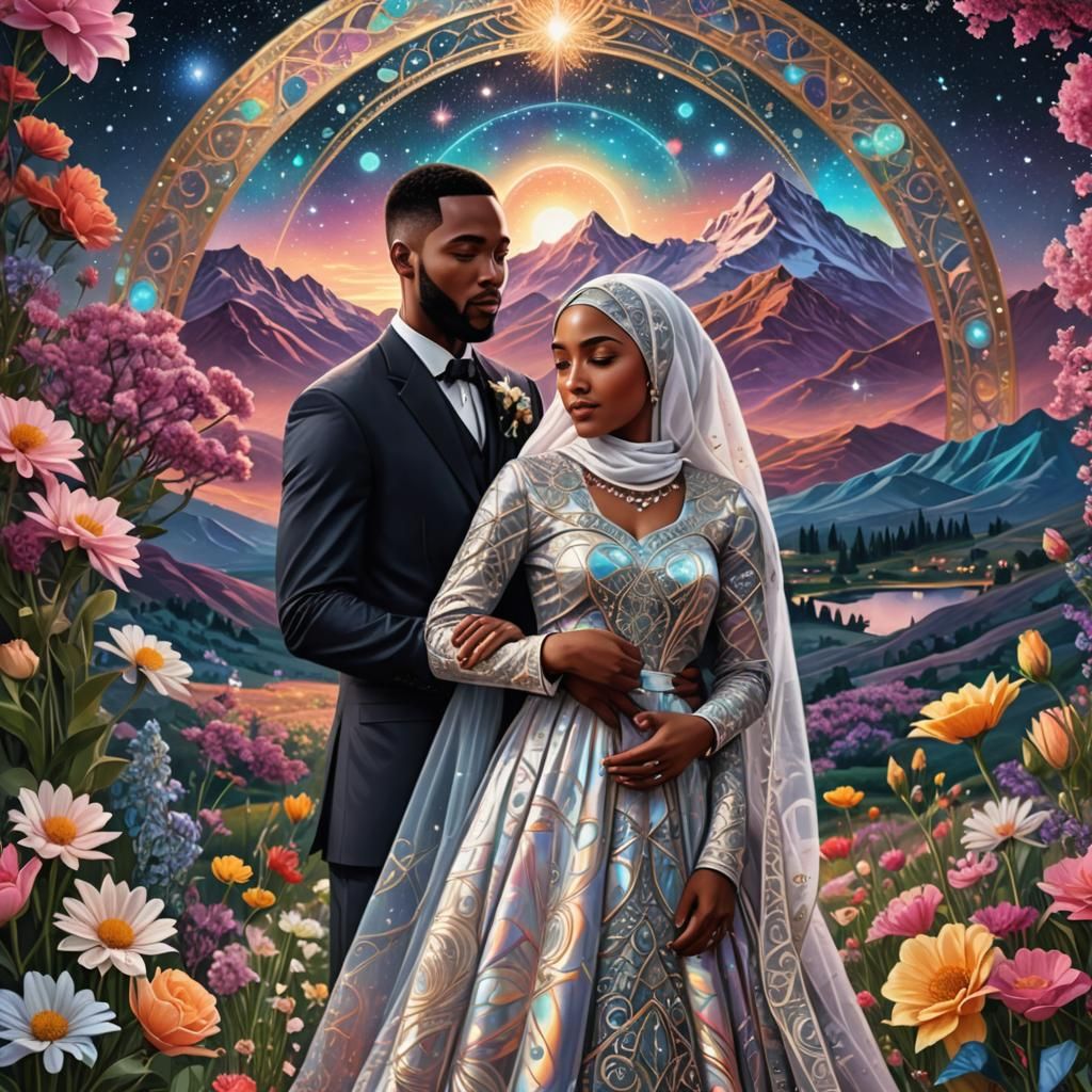 the wedding of black men and women is surrounded by beautifu...