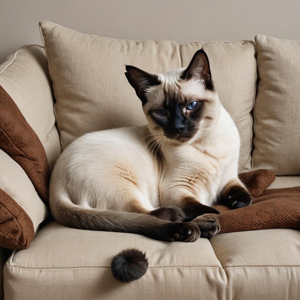 A Siamese cat  seal point, asleep on a cream sofa with brown...