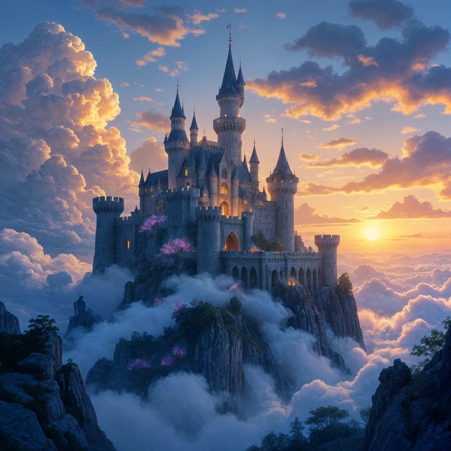 A majestic, ancient castle perched precariously on a cloud, bathed in the warm light of a setting sun. Strange, glowing flora grows on its r...
