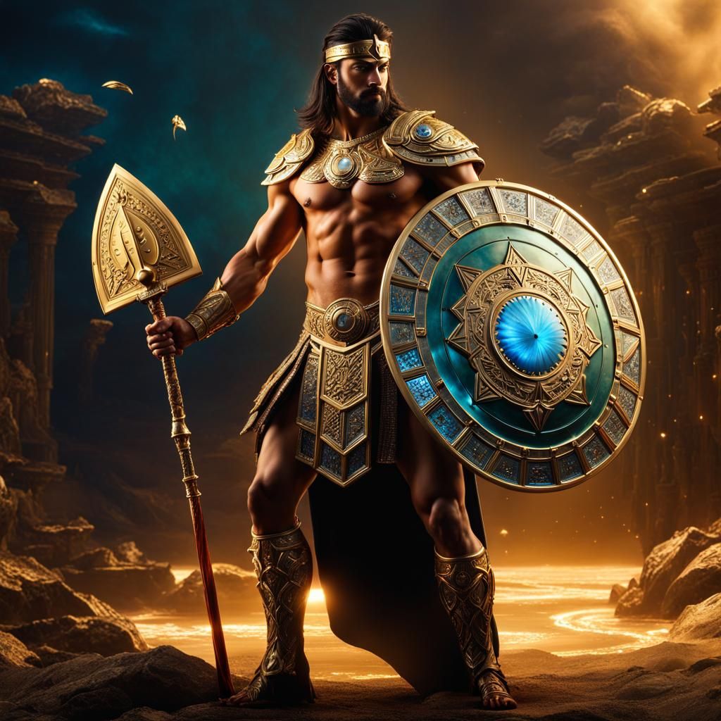 Full length shot of a handsome shirtless warrior with a detailed Shield of ancient Atlantis  by @Hugo Raul