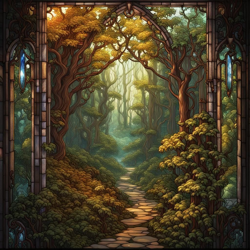 Overgrown forest on stained glass