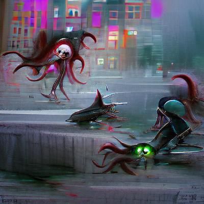 Squids hunting humans in a city