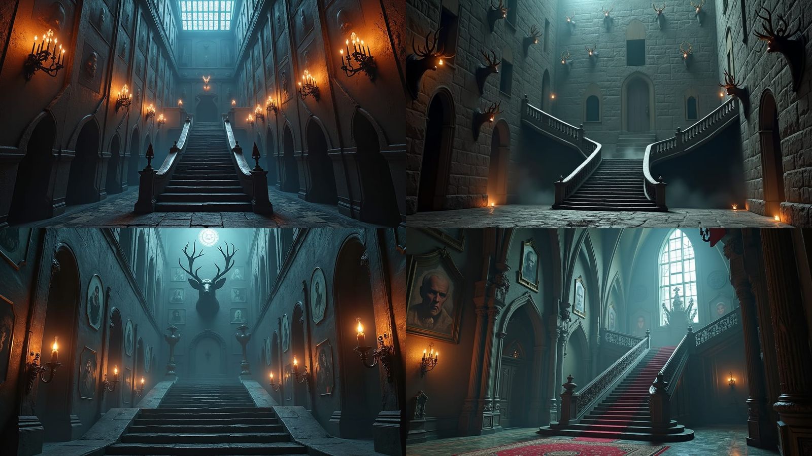 many portraits on the walls, in a big castle, darkness and e...