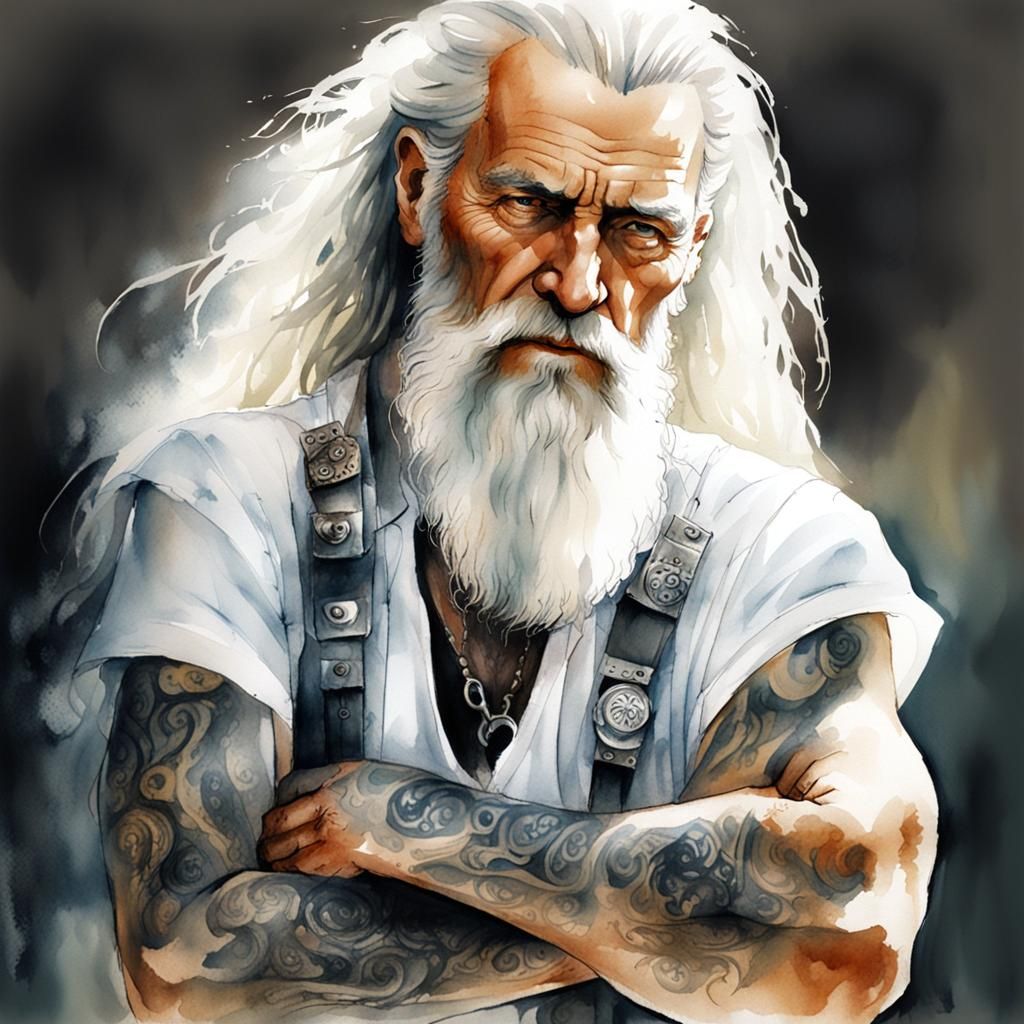 Luis Royo watercolor sketch: Close-up portrait of an older m...