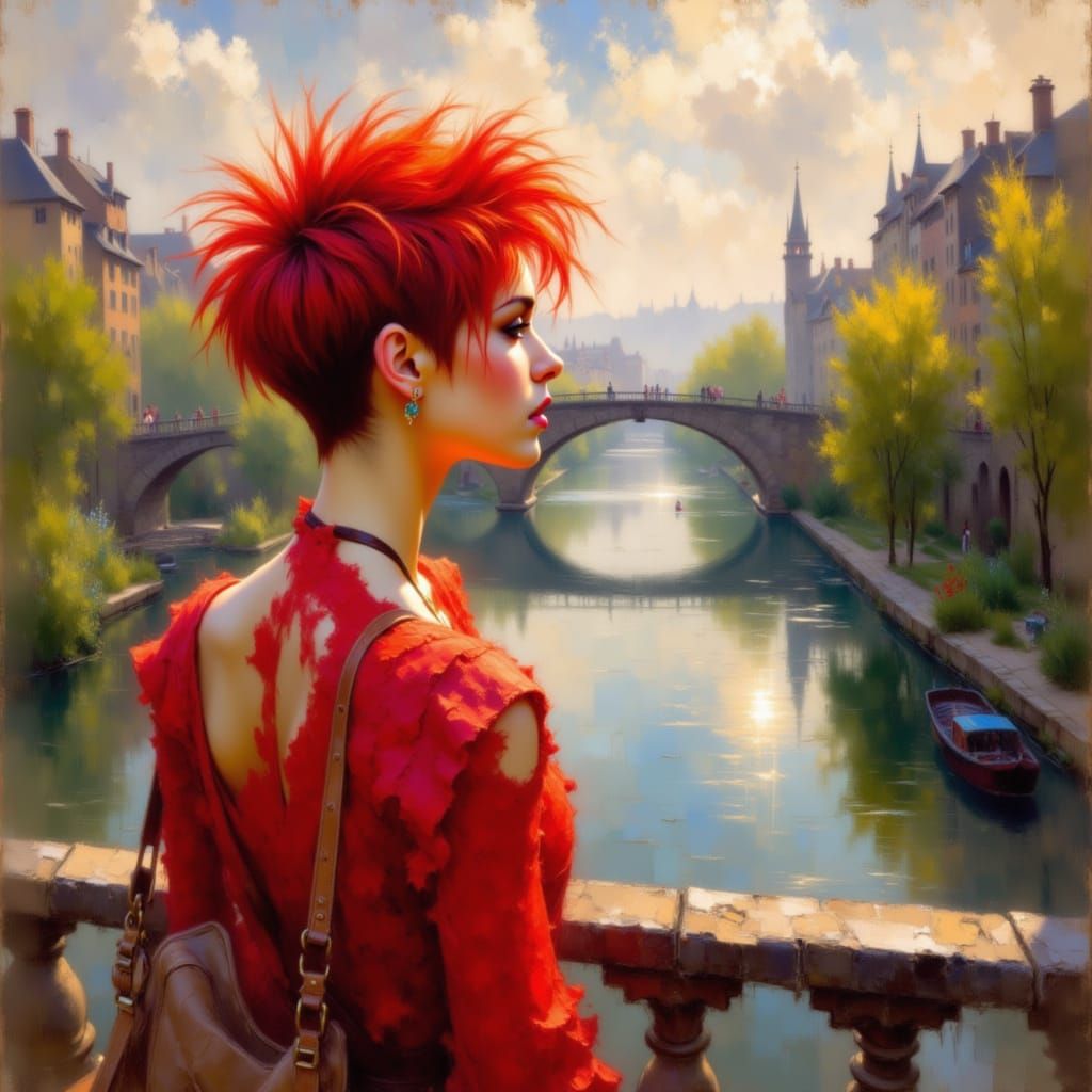 <lora:Impressionist Style:1.0>  A stunning woman with a short faded red wavy haircut and detailed pixie mohawk hairstyle, wearing vibrant re...
