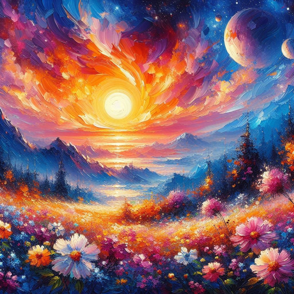 Oil Painting Spring's Cosmic Sunrise with Vibrant Flowers.