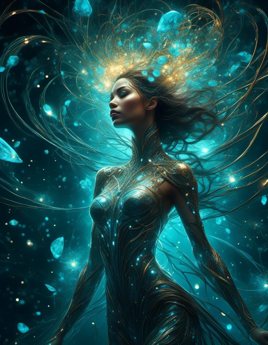 Bioluminescent DNA Woman in Cosmic Portrait