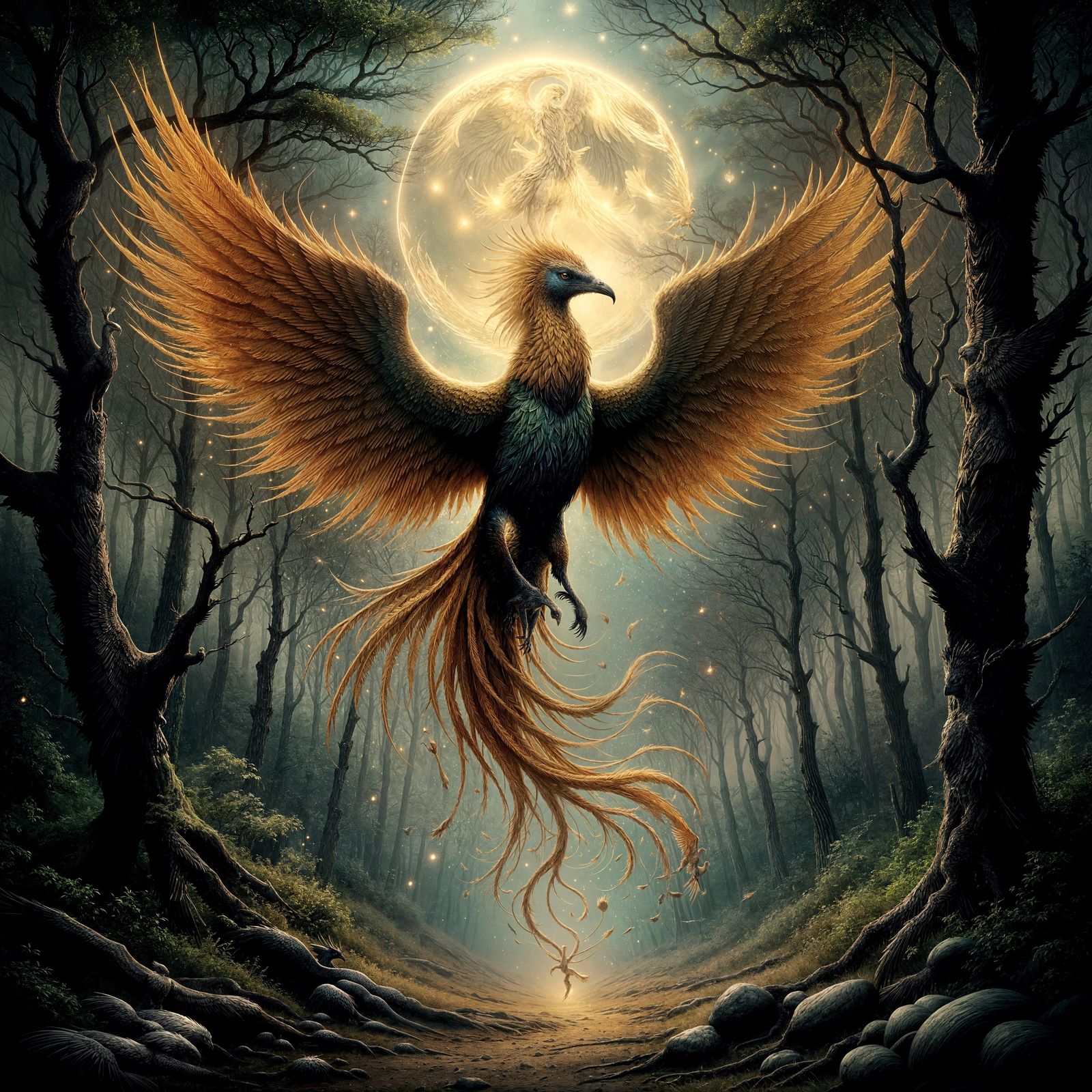 Majestic Phoenix Emerges from Rune Vortex in Moonlit Forest