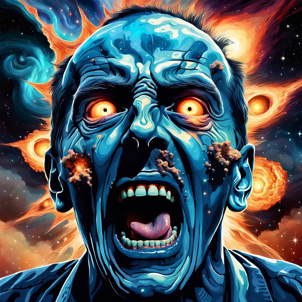 A human face, distorted in a raw, anguished scream, eyes bul...