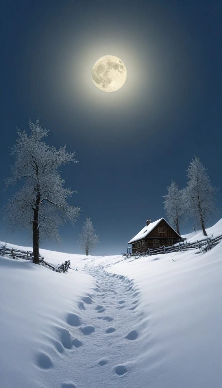 Wind, Flower, Snow, Moon in the style of Andreas Achenbach