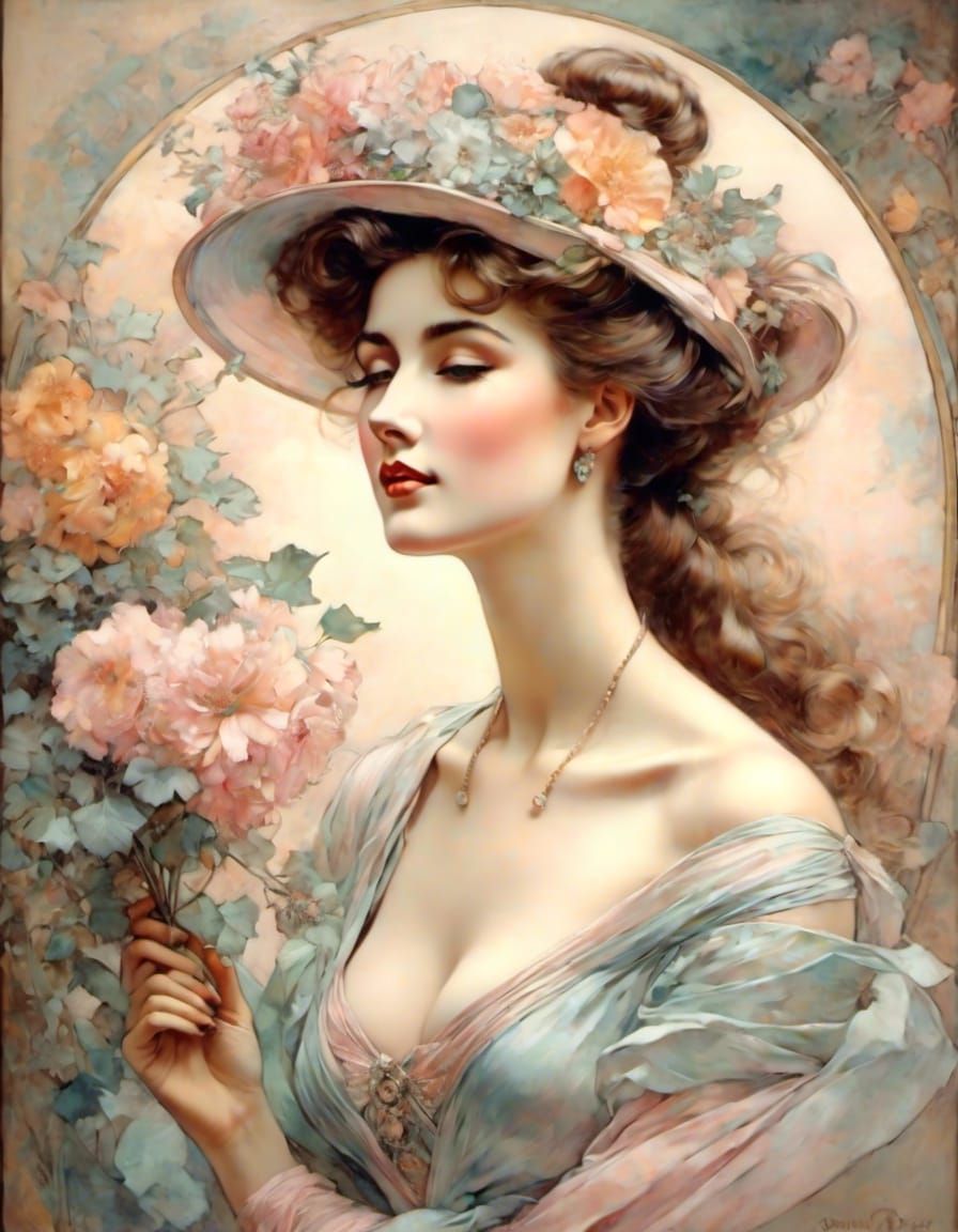 <lora:Vintage:1.0>Painting, Art Nouveau, Beautiful woman, Ar...