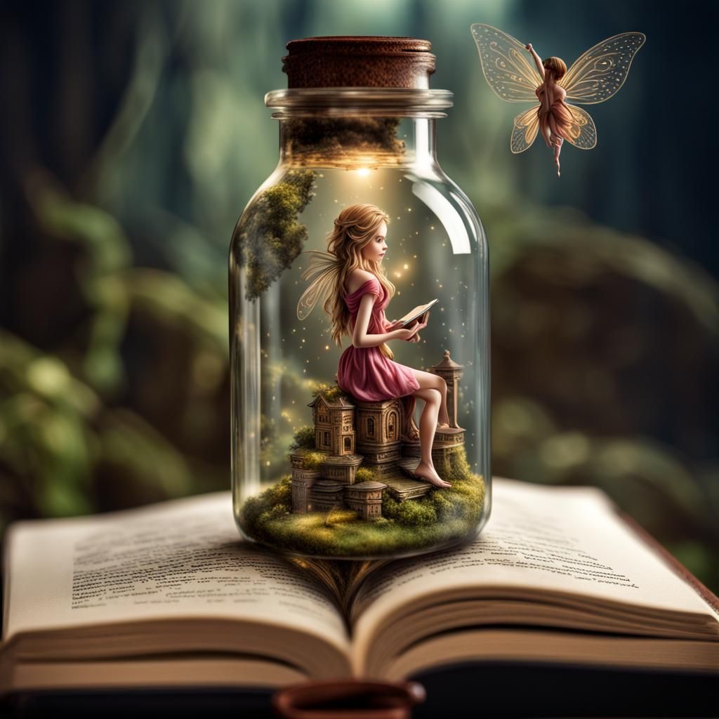A fairy in a bottle coming out of a book