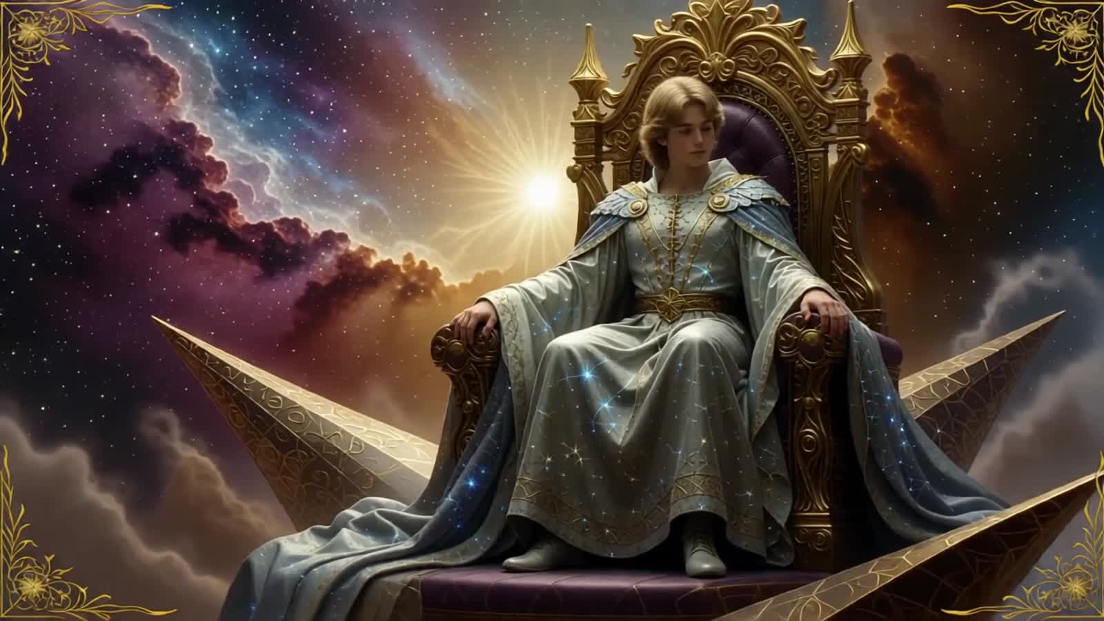 A young prince, adorned in shimmering celestial robes embroidered with constellations, sits upon a throne carved from a ...