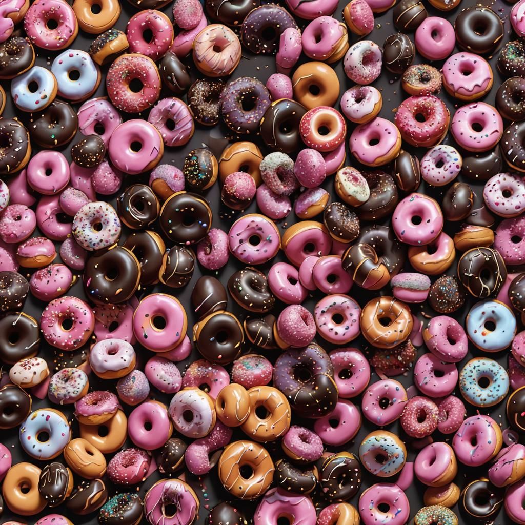 The image presents a towering stack of assorted donuts set a...