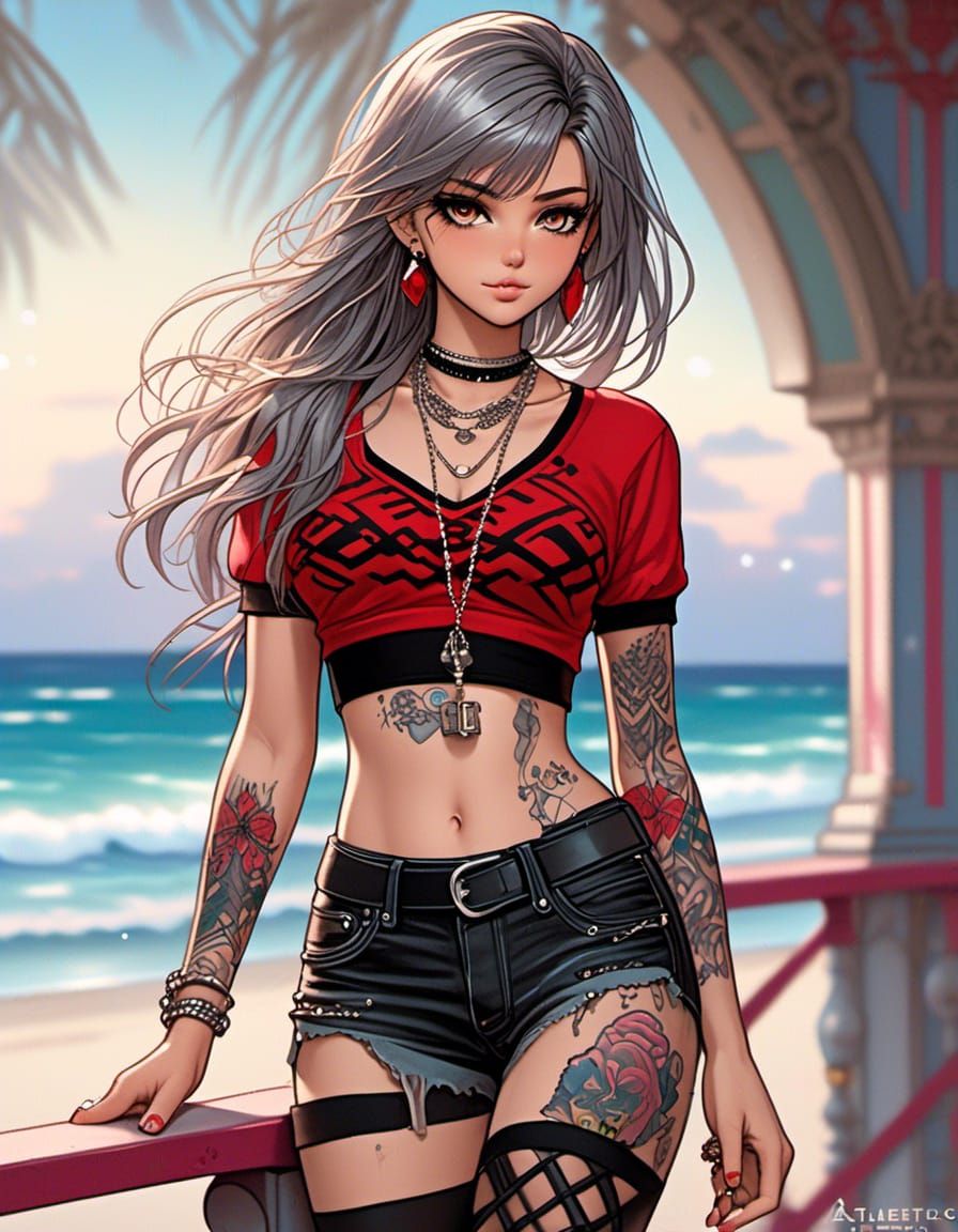 <lora:FashionAnime:1.0>  Gorgeous beauty strolling beachside with punky hair wearing attractive red black criss cross crop top and silver la...