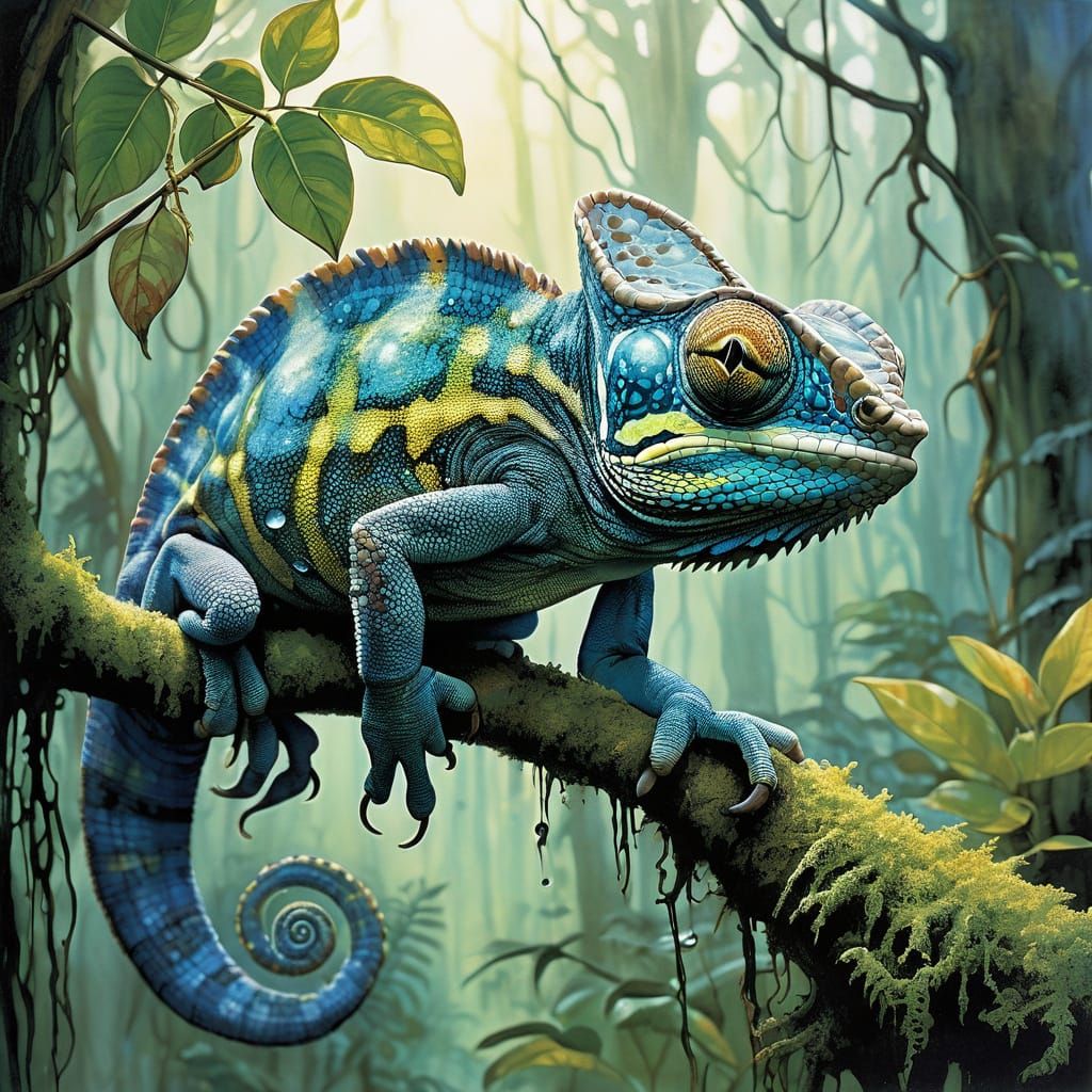 <lora:MrsH Watercolor:1.0> A vibrant and highly detailed scene of a "colorful chameleon with a very long tongue extended out of its mouth" "...