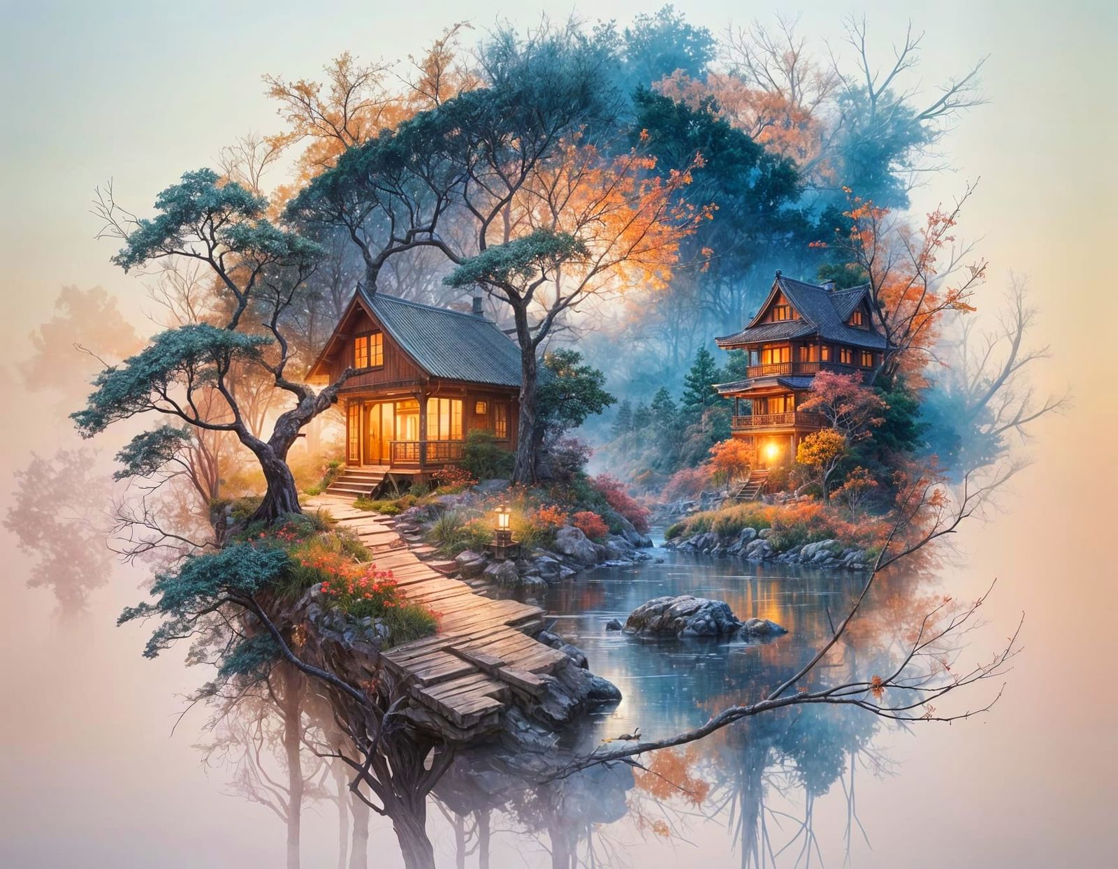 Fantasy River Sunset with Japanese House and Twisted Tree