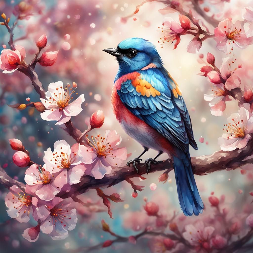 A watercolor painting of a beautiful blossom bird on the branch of a blossom tree  by @Canonlian