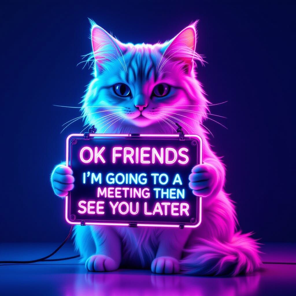 Neon Cat Sculpture Holding 'Ok Friends' Sign
