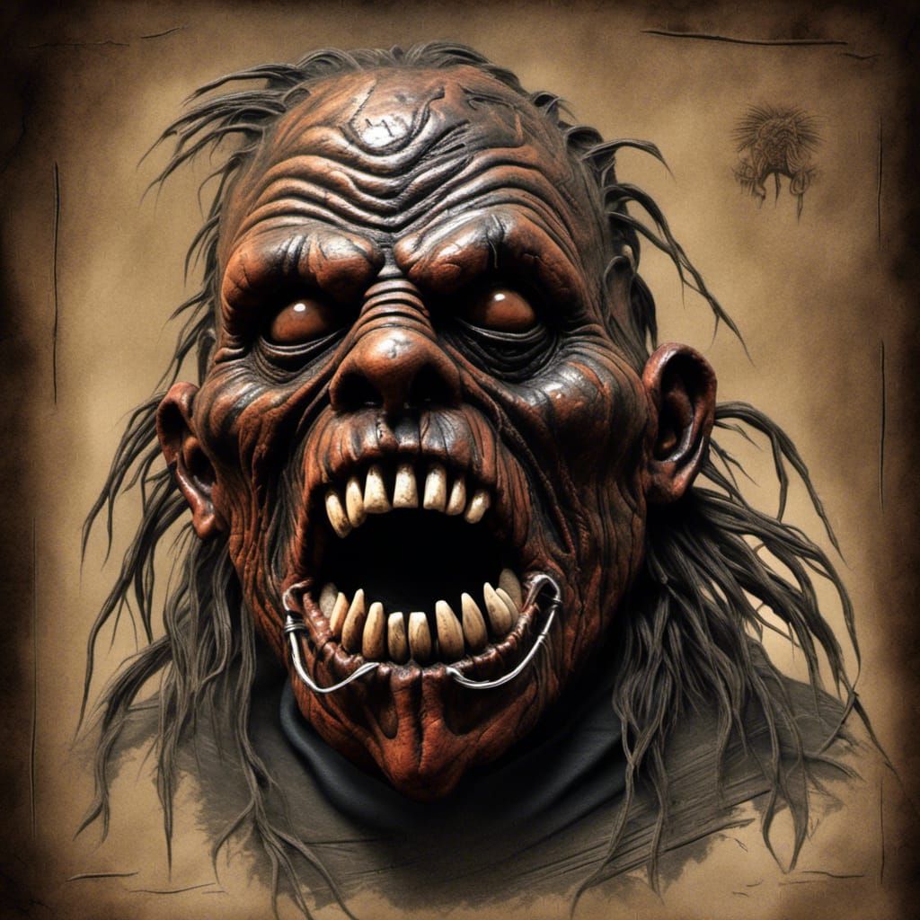 An old timey horror masterpiece, a breath-taking dynamic view of a leather Slipknot shrunken head, reflective, RTX, video games, Cinematic F...