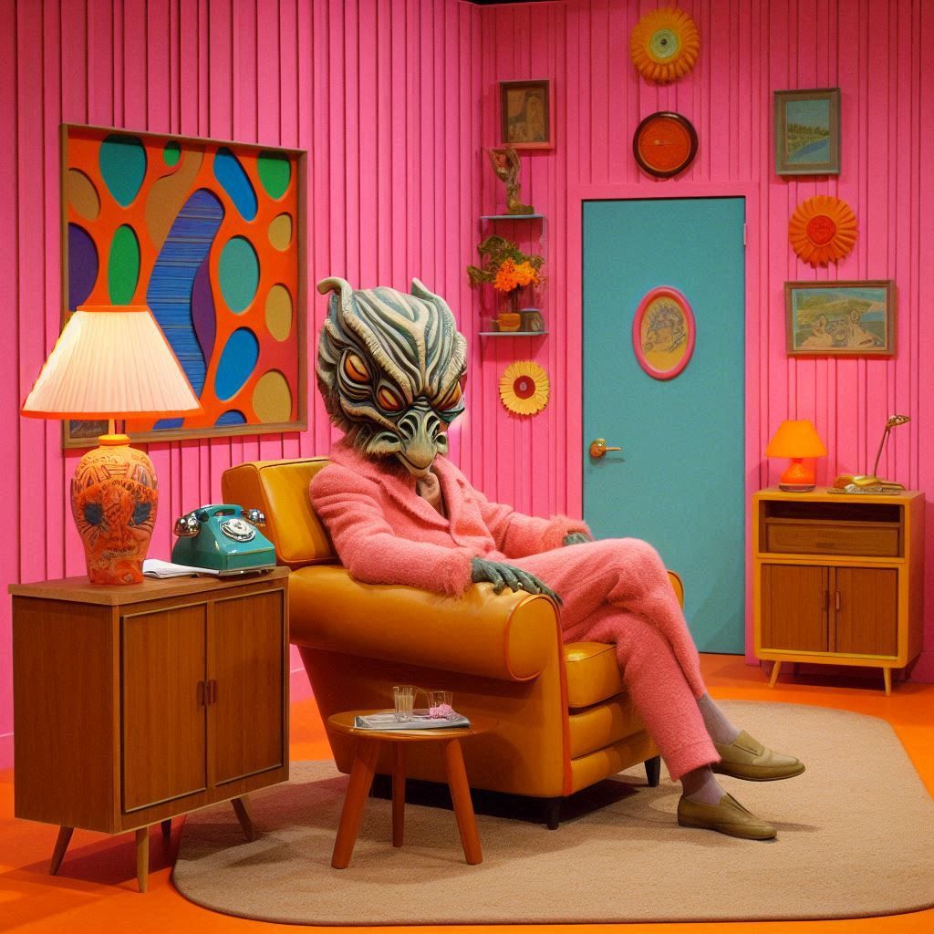 Scene from a liminal space type retro style living room, walls are painted in Baker-Miller Pink. 60's style furniture. Candid Technicolor, 7...