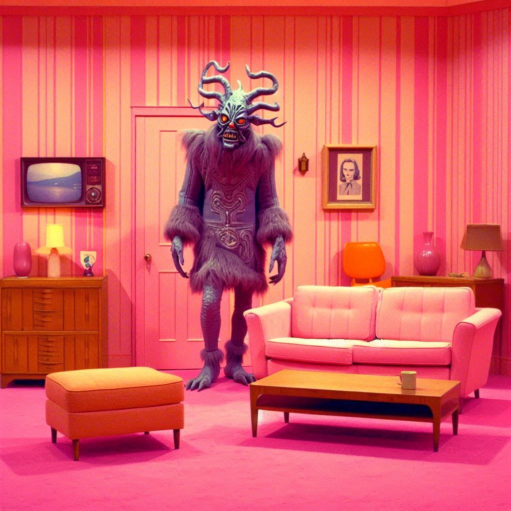 Candid Technicolor, 70's style surreal sitcom with a strange creature in vintage clothes. Hyperrealistic, splash art, concept art, mid shot,...