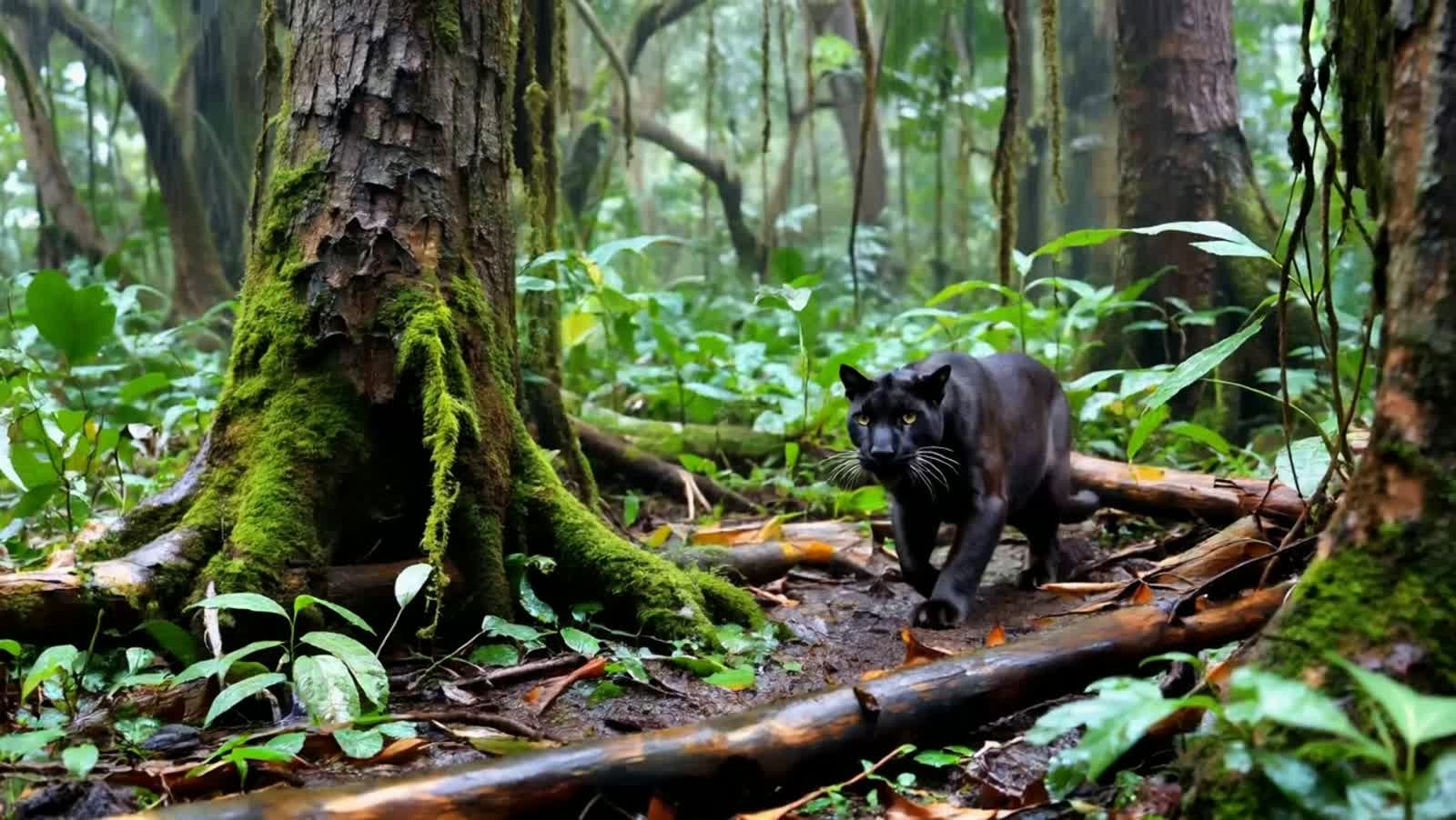 A black panther prowling in the rainforest